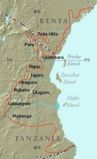 Outline 	map of Eastern Arc and Coastal Forests project area, with Eastern Arc mountain blocs and major offshore islands labeled.  Red line indicates boundary of CEPF funding.  Thanks to John Watkin and Kellee Koenig for providing this map.