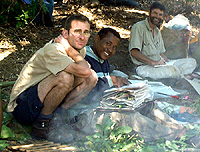 Chris Birkinshaw (left) at Tsaratanana, Madagascar field camp.  With Patrice Antilahimena (center) and Pete Lowry (right).