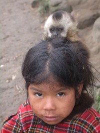 Nia con un mono capuchino (Cebus apella)